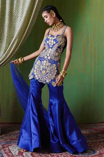 Shop_Payal & Zinal_Blue Sweetheart Neck Roohani Mirror Work Top And Sharara Set _Online_at_Aza_Fashions