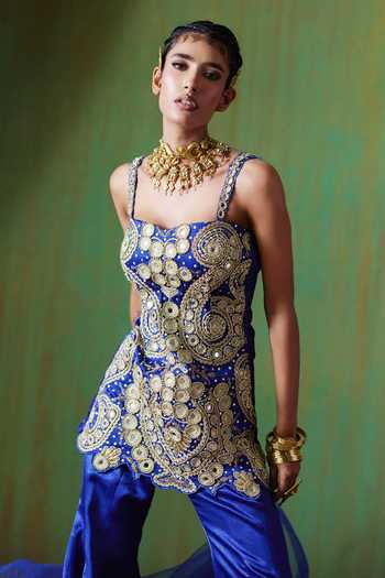 Payal & Zinal_Blue Sweetheart Neck Roohani Mirror Work Top And Sharara Set _at_Aza_Fashions