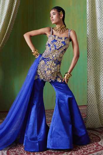 Buy_Payal & Zinal_Blue Sweetheart Neck Roohani Mirror Work Top And Sharara Set 