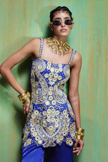 Shop_Payal & Zinal_Blue Sweetheart Neck Roohani Mirror Work Top And Sharara Set 