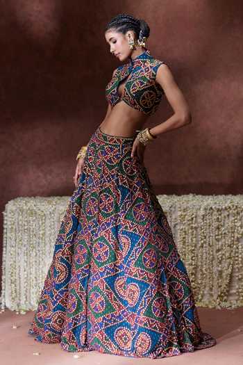 Payal & Zinal Multi Color Georgette High Neck, Keyhole Khwaab Printed Lehenga And Blouse Set at Aza Fashions Payal & Zinal_Multi Color Georgette High Neck, Keyhole Khwaab Printed Lehenga And Blouse Set _at_Aza_Fashions