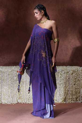 Shop Payal & Zinal Purple Crepe One Shoulder Afreen Digital Print Kaftan Set Online at Aza Fashions Shop_Payal & Zinal_Purple Crepe One Shoulder Afreen Digital Print Kaftan Set _Online_at_Aza_Fashions