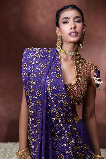 Buy Payal & Zinal Purple Organza, Satin V-neck Yasmin Printed Saree With Blouse Online at Aza Fashions Buy_Payal & Zinal_Purple Organza, Satin V-neck Yasmin Printed Saree With Blouse _Online_at_Aza_Fashions