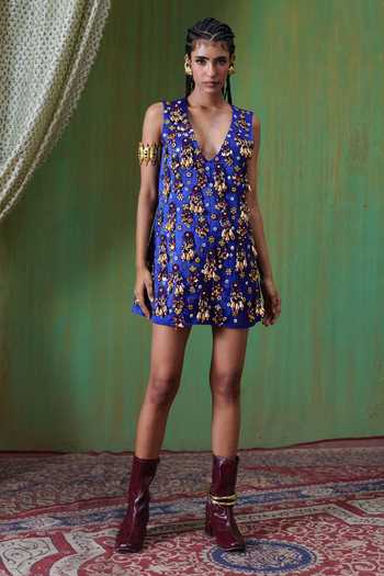 Shop Payal & Zinal Blue Crepe V-neck Adaa Hand Embellished Tassel Shift Dress Online at Aza Fashions Shop_Payal & Zinal_Blue Crepe V-neck Adaa Hand Embellished Tassel Shift Dress _Online_at_Aza_Fashions