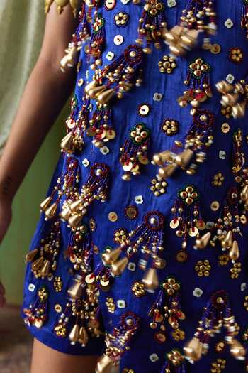 Buy Payal & Zinal Blue Crepe V-neck Adaa Hand Embellished Tassel Shift Dress Buy_Payal & Zinal_Blue Crepe V-neck Adaa Hand Embellished Tassel Shift Dress