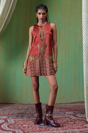 Payal & Zinal Red Crepe Round Neck Shararat Handwork Embellished Dress Online at Aza Fashions Payal & Zinal_Red Crepe Round Neck Shararat Handwork Embellished Dress _Online_at_Aza_Fashions