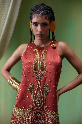 Shop Payal & Zinal Red Crepe Round Neck Shararat Handwork Embellished Dress Online at Aza Fashions Shop_Payal & Zinal_Red Crepe Round Neck Shararat Handwork Embellished Dress _Online_at_Aza_Fashions