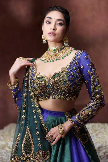 Payal & Zinal_Blue Net, Lycra Sweetheart Neck Leela Digital Print Lehenga Set _Online_at_Aza_Fashions
