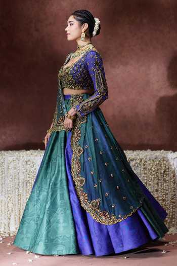 Buy_Payal & Zinal_Blue Net, Lycra Sweetheart Neck Leela Digital Print Lehenga Set _Online_at_Aza_Fashions