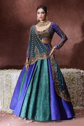 Shop_Payal & Zinal_Blue Net, Lycra Sweetheart Neck Leela Digital Print Lehenga Set _Online_at_Aza_Fashions