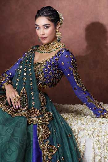 Payal & Zinal_Blue Net, Lycra Sweetheart Neck Leela Digital Print Lehenga Set _at_Aza_Fashions