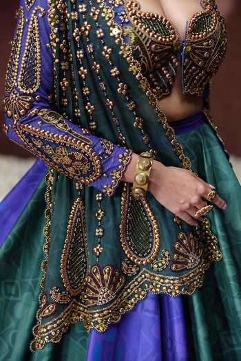 Shop_Payal & Zinal_Blue Net, Lycra Sweetheart Neck Leela Digital Print Lehenga Set 