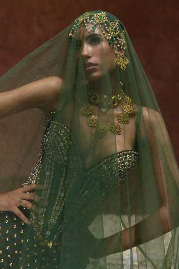 Payal & Zinal Olive Green Organza Sequins, Beads, Stones Zeenat Handwork Corset And Skirt Set Online at Aza Fashions Payal & Zinal_Olive Green Organza Sequins, Beads, Stones Zeenat Handwork Corset And Skirt Set _Online_at_Aza_Fashions
