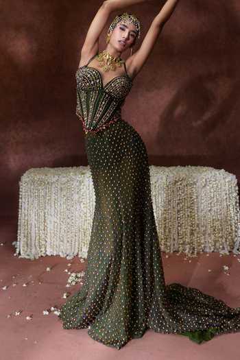 Buy Payal & Zinal Olive Green Organza Sequins, Beads, Stones Zeenat Handwork Corset And Skirt Set Online at Aza Fashions Buy_Payal & Zinal_Olive Green Organza Sequins, Beads, Stones Zeenat Handwork Corset And Skirt Set _Online_at_Aza_Fashions