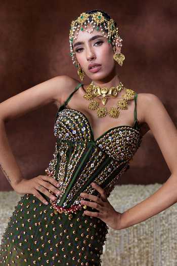 Shop Payal & Zinal Olive Green Organza Sequins, Beads, Stones Zeenat Handwork Corset And Skirt Set Online at Aza Fashions Shop_Payal & Zinal_Olive Green Organza Sequins, Beads, Stones Zeenat Handwork Corset And Skirt Set _Online_at_Aza_Fashions
