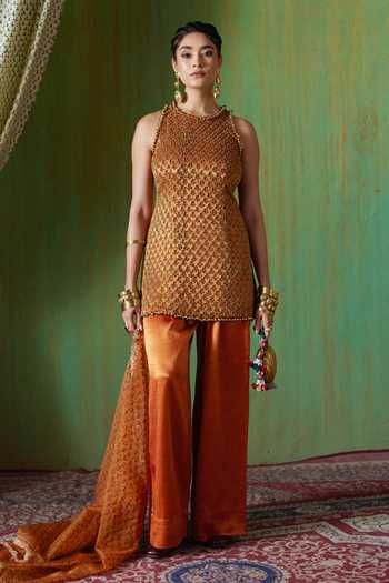 Buy_Payal & Zinal_Orange Organza Round Neck Shabana Block Print Kurta Set _Online_at_Aza_Fashions