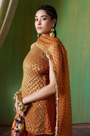 Shop_Payal & Zinal_Orange Organza Round Neck Shabana Block Print Kurta Set _Online_at_Aza_Fashions