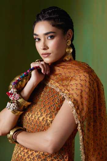 Payal & Zinal_Orange Organza Round Neck Shabana Block Print Kurta Set _at_Aza_Fashions