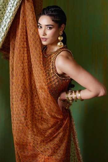 Shop_Payal & Zinal_Orange Organza Round Neck Shabana Block Print Kurta Set 