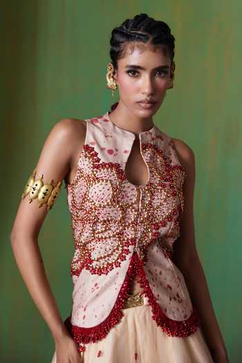 Shop Payal & Zinal Off White Net Keyhole Neck Phoolkari Embellished Top And Skirt Set Online at Aza Fashions Shop_Payal & Zinal_Off White Net Keyhole Neck Phoolkari Embellished Top And Skirt Set _Online_at_Aza_Fashions
