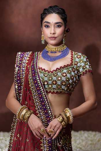 Payal & Zinal_Maroon Organza, Satin Sweetheart Neck Kala Block Print Saree With Blouse _Online_at_Aza_Fashions