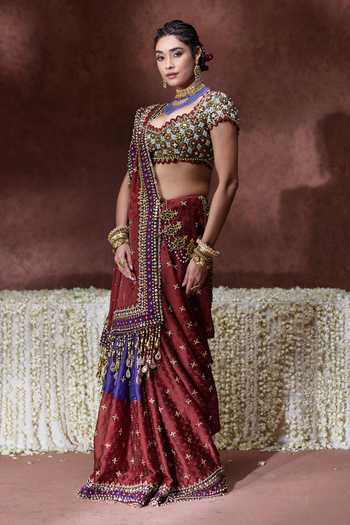 Shop_Payal & Zinal_Maroon Organza, Satin Sweetheart Neck Kala Block Print Saree With Blouse _Online_at_Aza_Fashions