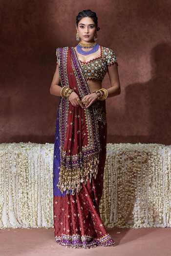 Payal & Zinal_Maroon Organza, Satin Sweetheart Neck Kala Block Print Saree With Blouse _at_Aza_Fashions