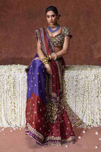 Buy_Payal & Zinal_Maroon Organza, Satin Sweetheart Neck Kala Block Print Saree With Blouse 