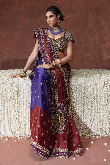 Shop_Payal & Zinal_Maroon Organza, Satin Sweetheart Neck Kala Block Print Saree With Blouse 