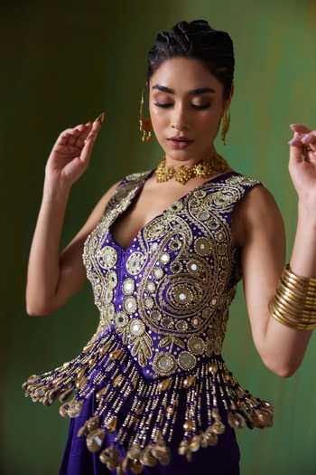 Payal & Zinal Purple Organza, Satin V-neck Nargis Mirror Embellished Top And Skirt Set Online at Aza Fashions Payal & Zinal_Purple Organza, Satin V-neck Nargis Mirror Embellished Top And Skirt Set _Online_at_Aza_Fashions