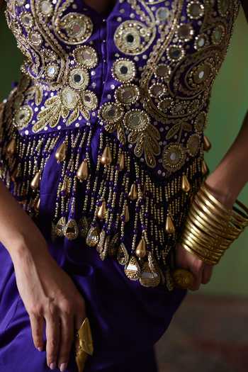 Buy Payal & Zinal Purple Organza, Satin V-neck Nargis Mirror Embellished Top And Skirt Set Online at Aza Fashions Buy_Payal & Zinal_Purple Organza, Satin V-neck Nargis Mirror Embellished Top And Skirt Set _Online_at_Aza_Fashions
