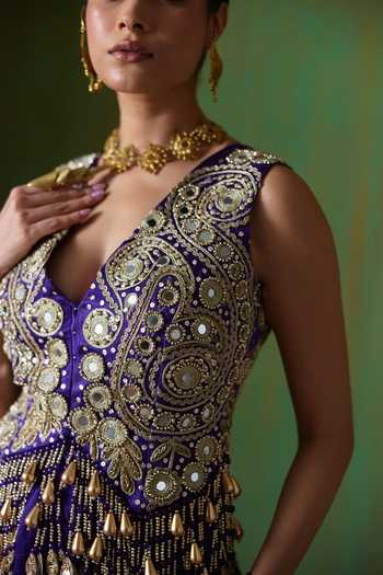 Payal & Zinal Purple Organza, Satin V-neck Nargis Mirror Embellished Top And Skirt Set at Aza Fashions Payal & Zinal_Purple Organza, Satin V-neck Nargis Mirror Embellished Top And Skirt Set _at_Aza_Fashions