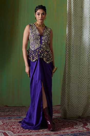 Buy Payal & Zinal Purple Organza, Satin V-neck Nargis Mirror Embellished Top And Skirt Set Buy_Payal & Zinal_Purple Organza, Satin V-neck Nargis Mirror Embellished Top And Skirt Set