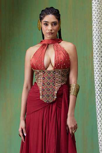 Payal & Zinal Red Silk, Georgette Halter Neck Tara Embellished Top And Skirt Set Online at Aza Fashions Payal & Zinal_Red Silk, Georgette Halter Neck Tara Embellished Top And Skirt Set _Online_at_Aza_Fashions