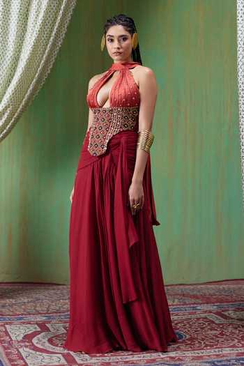 Buy Payal & Zinal Red Silk, Georgette Halter Neck Tara Embellished Top And Skirt Set Online at Aza Fashions Buy_Payal & Zinal_Red Silk, Georgette Halter Neck Tara Embellished Top And Skirt Set _Online_at_Aza_Fashions