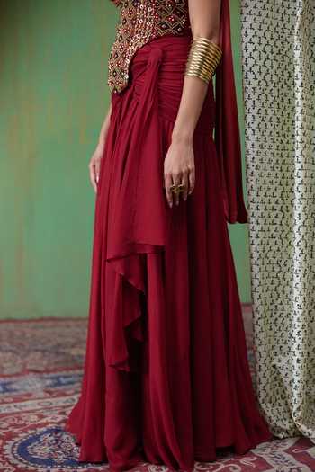 Shop Payal & Zinal Red Silk, Georgette Halter Neck Tara Embellished Top And Skirt Set Online at Aza Fashions Shop_Payal & Zinal_Red Silk, Georgette Halter Neck Tara Embellished Top And Skirt Set _Online_at_Aza_Fashions