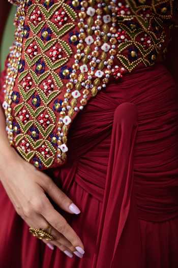 Payal & Zinal Red Silk, Georgette Halter Neck Tara Embellished Top And Skirt Set at Aza Fashions Payal & Zinal_Red Silk, Georgette Halter Neck Tara Embellished Top And Skirt Set _at_Aza_Fashions