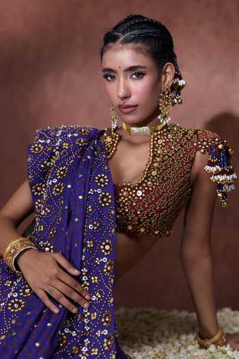 Buy Payal & Zinal Purple Organza V-neck Mala Embroidered Lehenga Set Online at Aza Fashions Buy_Payal & Zinal_Purple Organza V-neck Mala Embroidered Lehenga Set _Online_at_Aza_Fashions