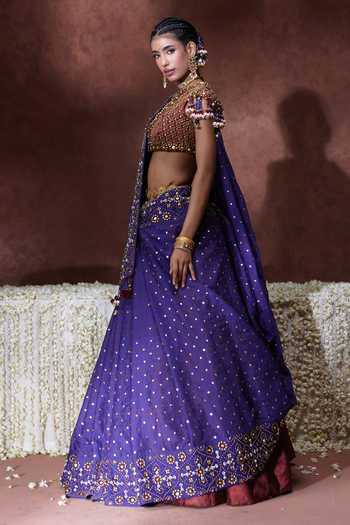 Shop Payal & Zinal Purple Organza V-neck Mala Embroidered Lehenga Set Online at Aza Fashions Shop_Payal & Zinal_Purple Organza V-neck Mala Embroidered Lehenga Set _Online_at_Aza_Fashions