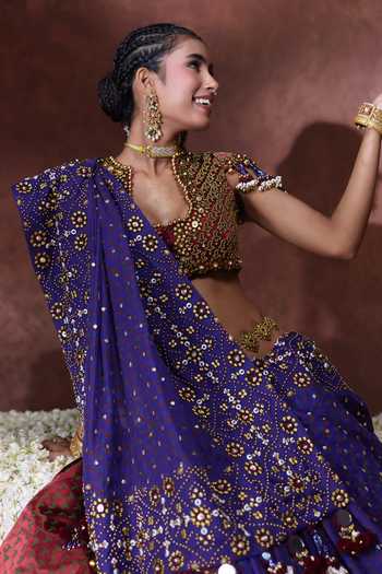 Payal & Zinal Purple Organza V-neck Mala Embroidered Lehenga Set at Aza Fashions Payal & Zinal_Purple Organza V-neck Mala Embroidered Lehenga Set _at_Aza_Fashions