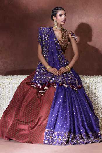 Buy Payal & Zinal Purple Organza V-neck Mala Embroidered Lehenga Set Buy_Payal & Zinal_Purple Organza V-neck Mala Embroidered Lehenga Set