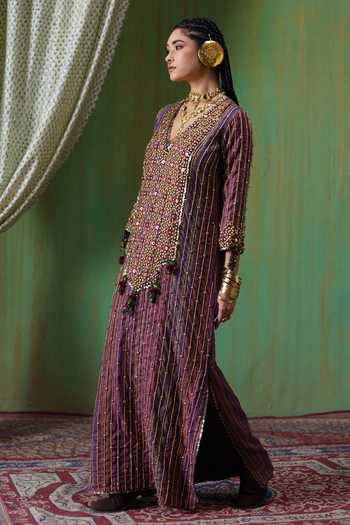 Payal & Zinal_Multi Color Linen V-neck Bela Striped Embellished Kaftan _Online_at_Aza_Fashions