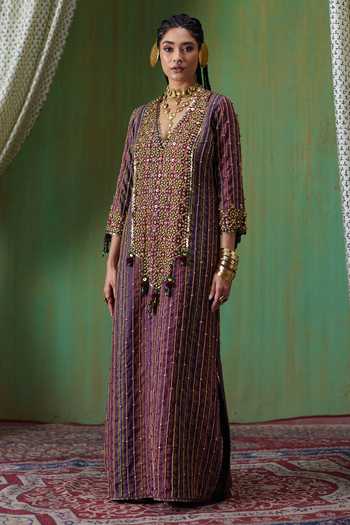 Shop_Payal & Zinal_Multi Color Linen V-neck Bela Striped Embellished Kaftan _Online_at_Aza_Fashions