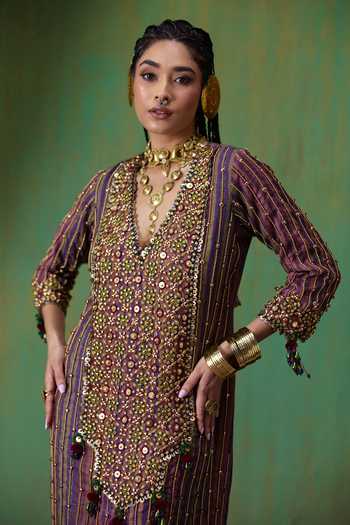 Payal & Zinal_Multi Color Linen V-neck Bela Striped Embellished Kaftan _at_Aza_Fashions