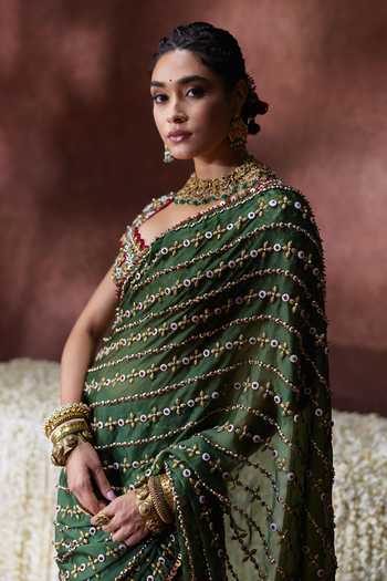 Buy Payal & Zinal Olive Green Organza, Satin Sweetheart Neck Nanda Saree And Gaji Blouse Set Online at Aza Fashions Buy_Payal & Zinal_Olive Green Organza, Satin Sweetheart Neck Nanda Saree And Gaji Blouse Set _Online_at_Aza_Fashions