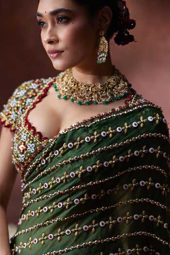 Shop Payal & Zinal Olive Green Organza, Satin Sweetheart Neck Nanda Saree And Gaji Blouse Set Online at Aza Fashions Shop_Payal & Zinal_Olive Green Organza, Satin Sweetheart Neck Nanda Saree And Gaji Blouse Set _Online_at_Aza_Fashions