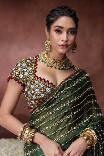 Payal & Zinal Olive Green Organza, Satin Sweetheart Neck Nanda Saree And Gaji Blouse Set at Aza Fashions Payal & Zinal_Olive Green Organza, Satin Sweetheart Neck Nanda Saree And Gaji Blouse Set _at_Aza_Fashions