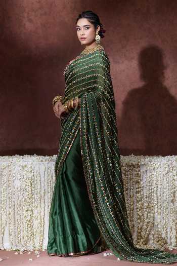 Buy Payal & Zinal Olive Green Organza, Satin Sweetheart Neck Nanda Saree And Gaji Blouse Set Buy_Payal & Zinal_Olive Green Organza, Satin Sweetheart Neck Nanda Saree And Gaji Blouse Set
