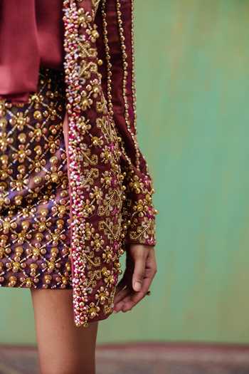 Payal & Zinal Maroon Velvet, Twill, Silk High Neck Rekha Embroidered Blazer Skirt Set Online at Aza Fashions Payal & Zinal_Maroon Velvet, Twill, Silk High Neck Rekha Embroidered Blazer Skirt Set _Online_at_Aza_Fashions