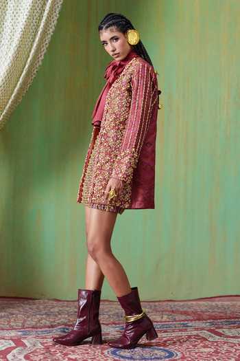 Shop Payal & Zinal Maroon Velvet, Twill, Silk High Neck Rekha Embroidered Blazer Skirt Set Online at Aza Fashions Shop_Payal & Zinal_Maroon Velvet, Twill, Silk High Neck Rekha Embroidered Blazer Skirt Set _Online_at_Aza_Fashions